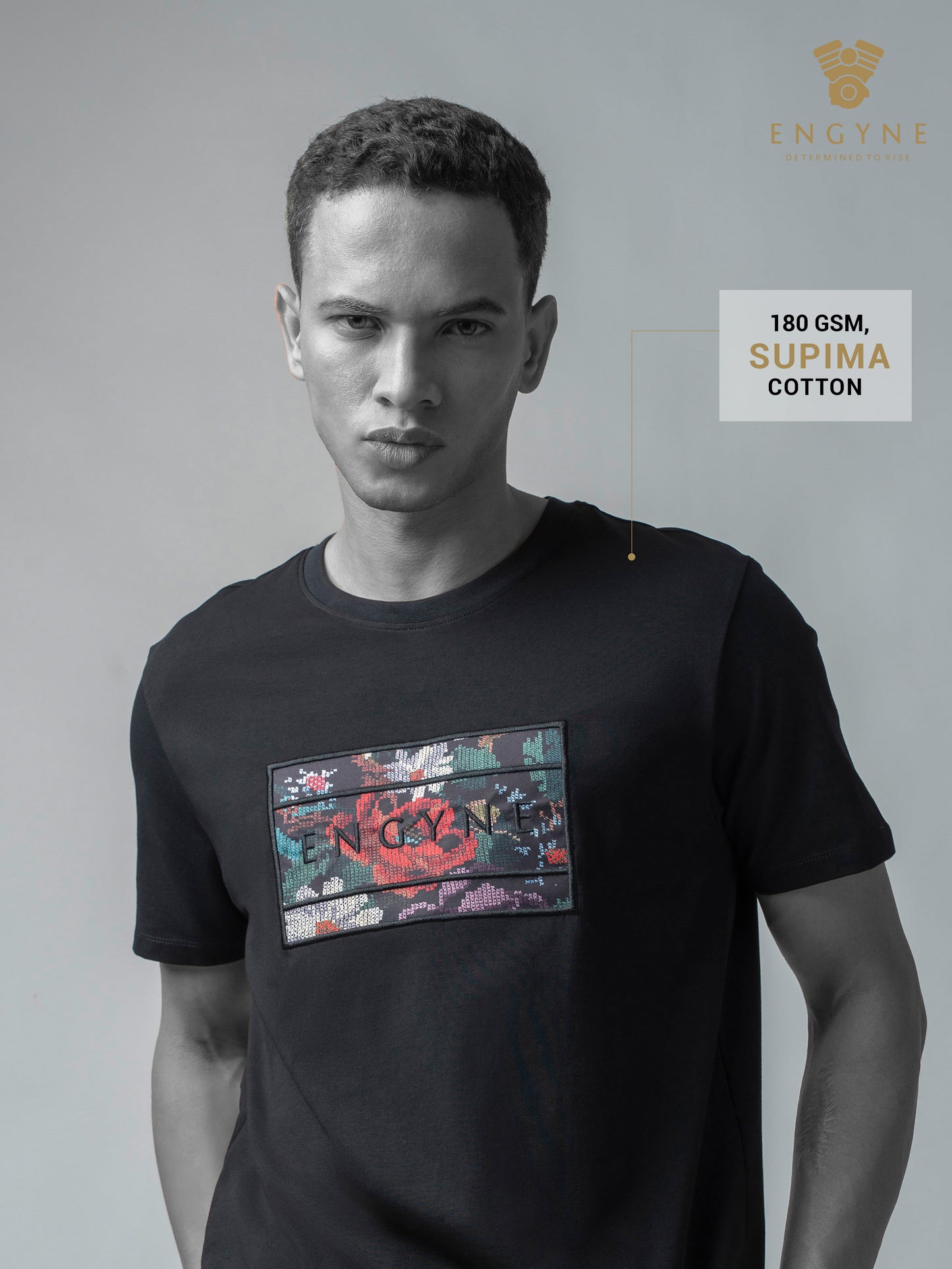 Supima Cotton Lycra with Sublimation-Printed Chest Appliqué and Embroidery Black T-shirt