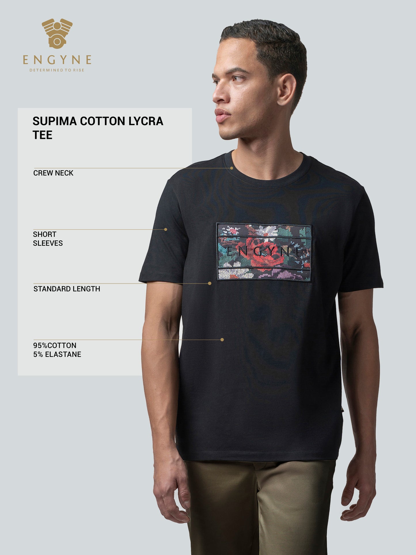 Supima Cotton Lycra with Sublimation-Printed Chest Appliqué and Embroidery Black T-shirt