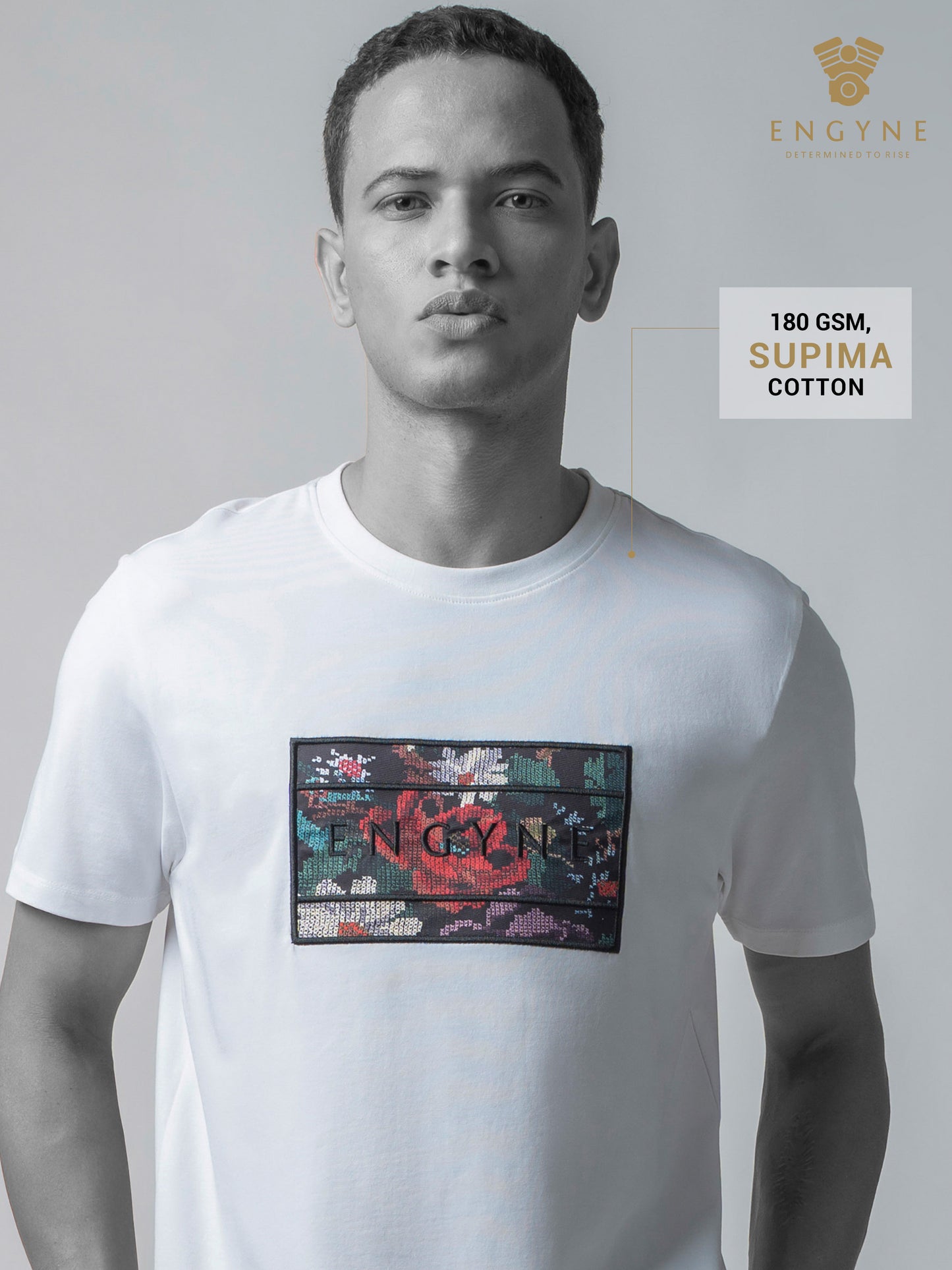 Supima Cotton Lycra with Sublimation-Printed Chest Appliqué and Embroidery White T-shirt
