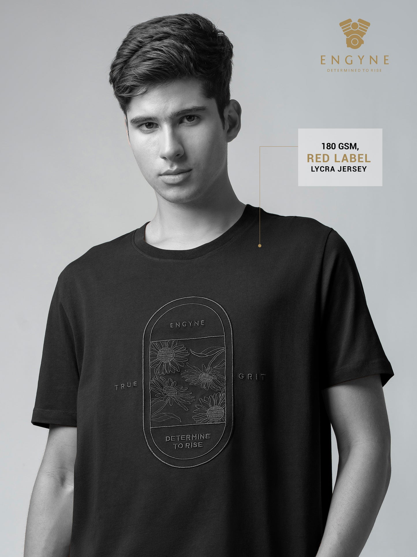 Rougen Cotton Lycra with Floral Placement Embroidery Black T-shirt