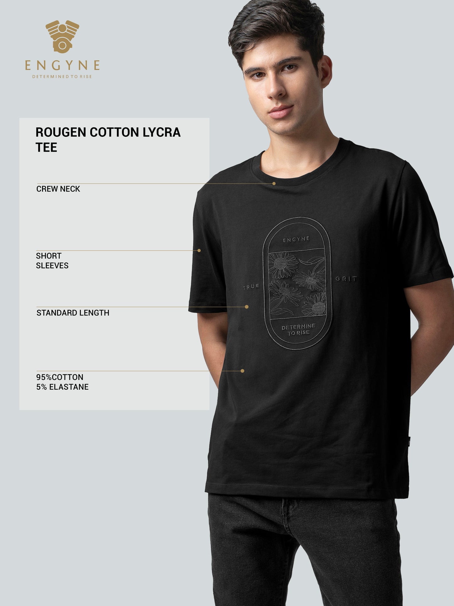 Rougen Cotton Lycra with Floral Placement Embroidery Black T-shirt