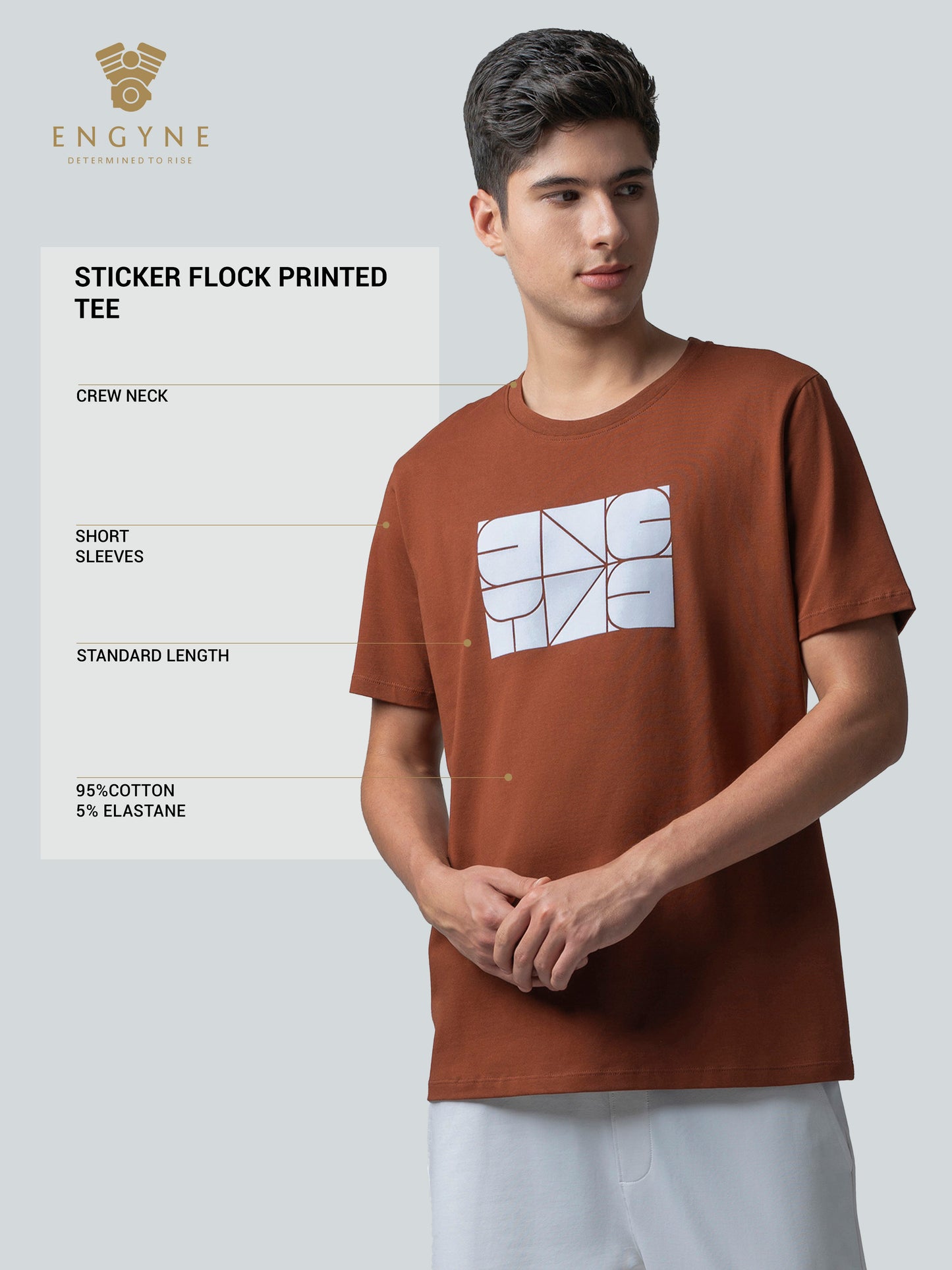 Rougen Cotton Lycra with Sticker Flock Print Brown T-shirt