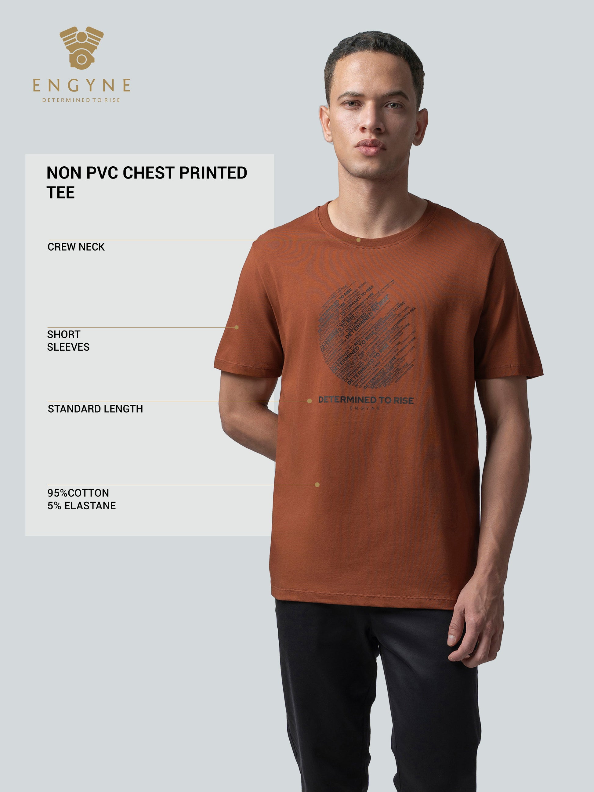 Rougen Cotton Lycra Non-Pvc Chest Print Brown T Shirt Men