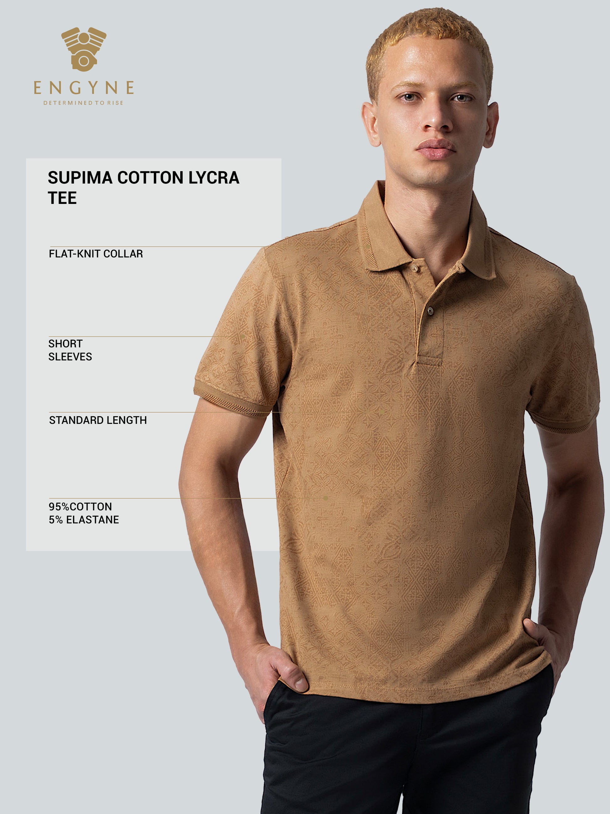 Supima Cotton Print and Honeycomb Textured Khaki Polo for Men