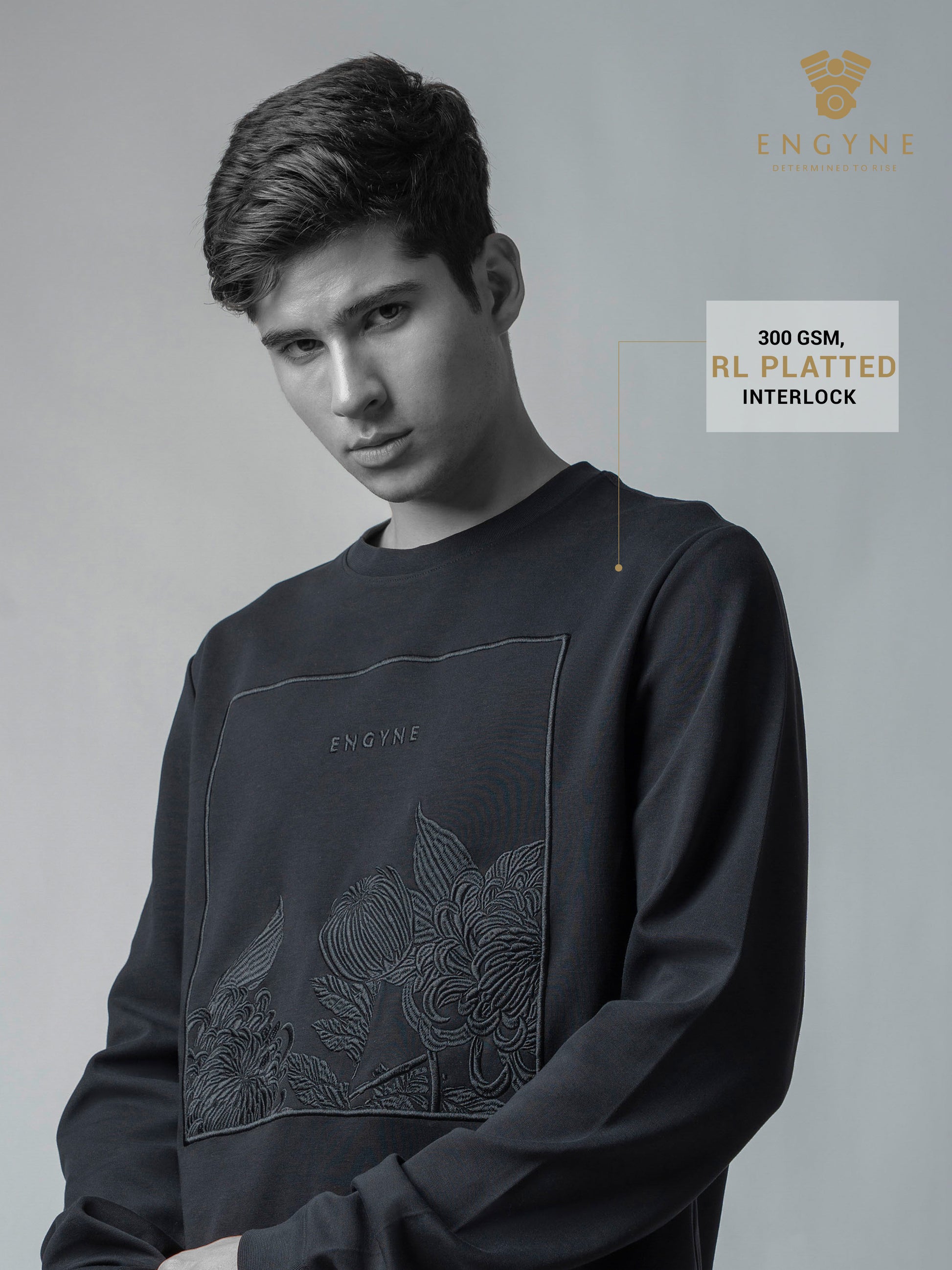 Crew Neck Black Sweatshirt with Floral Chest Embroidery for Men
