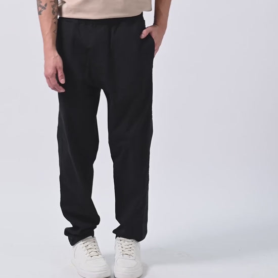 Rougen Cotton Black Tracksuit Pants With Woven Side Tape
