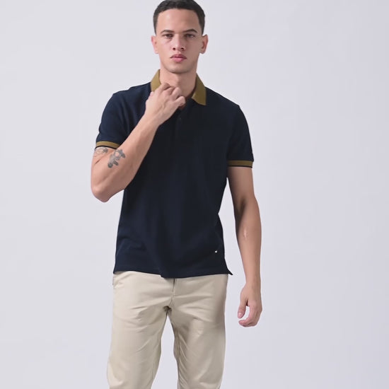 Cuff Tipping Navy Blue T Shirt Polo For Men