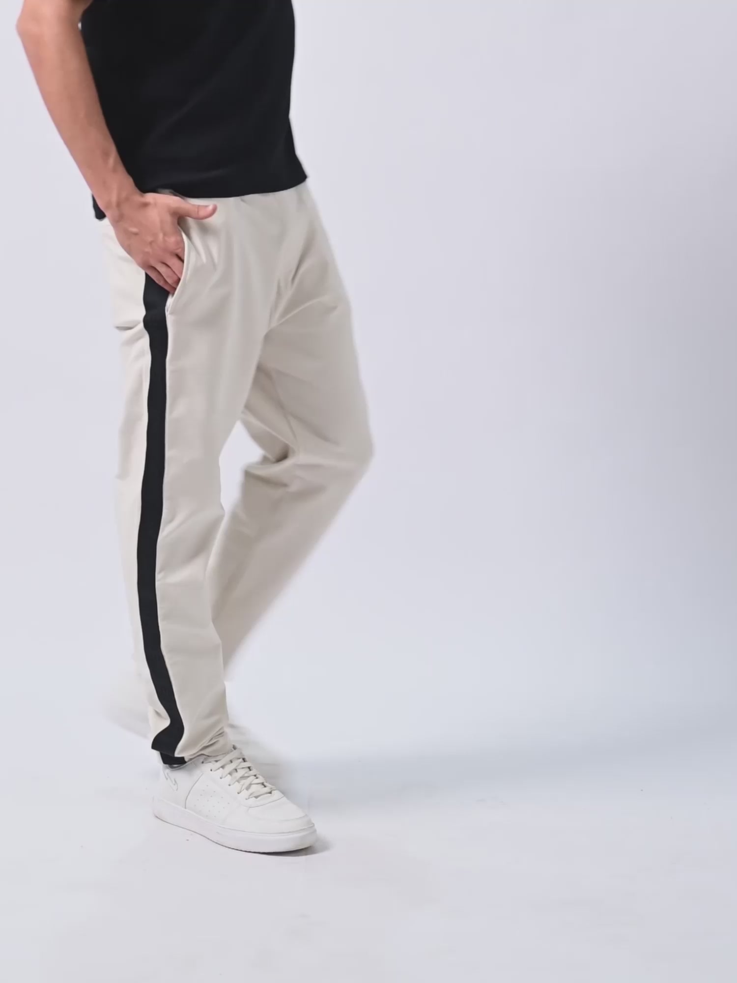 Cotton Beige Track Pant with Contrast Woven Side Tape