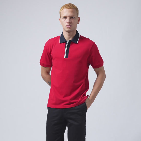 Rougen Cotton Flat Knit Placket and Tipped Collar Red Polo for Men