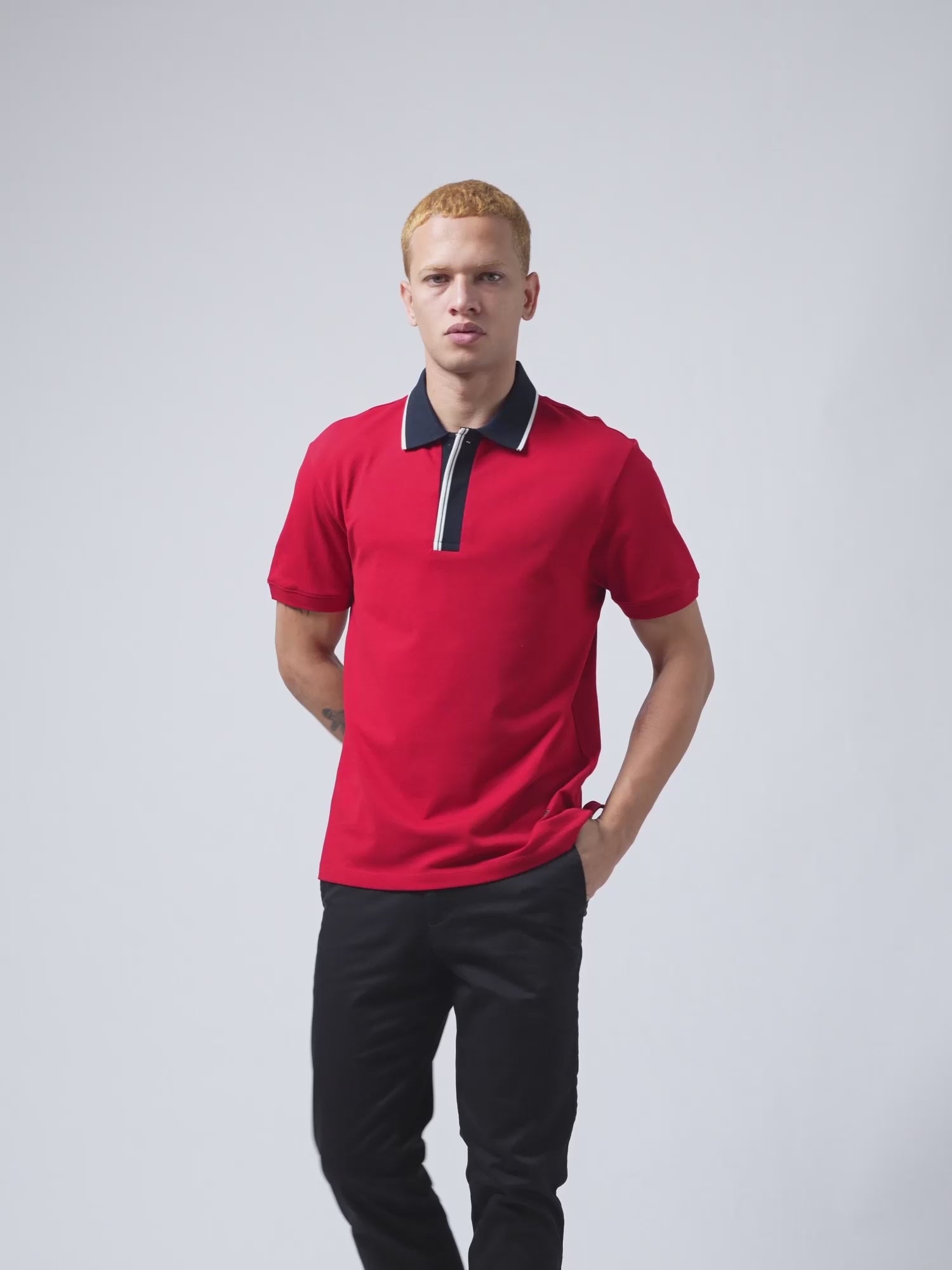 Rougen Cotton Flat Knit Placket and Tipped Collar Red Polo for Men