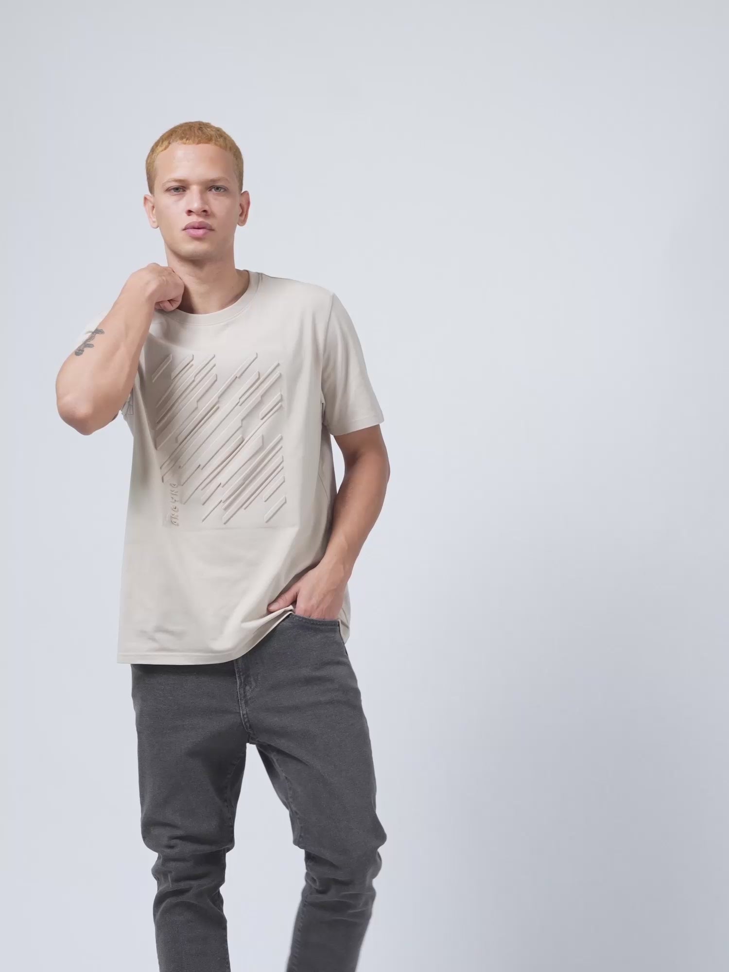 Rougen Cotton Lycra Embossed Mens Sand T Shirt