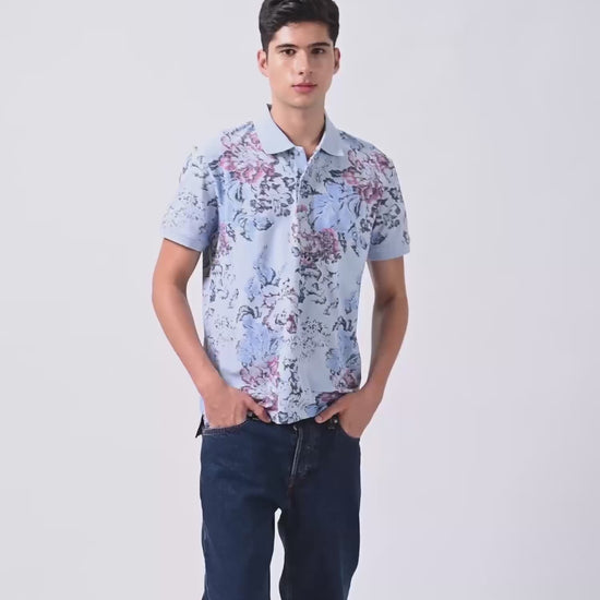 Supima Cotton All-Over Print & DTM Collar Light Blue Polo for Men