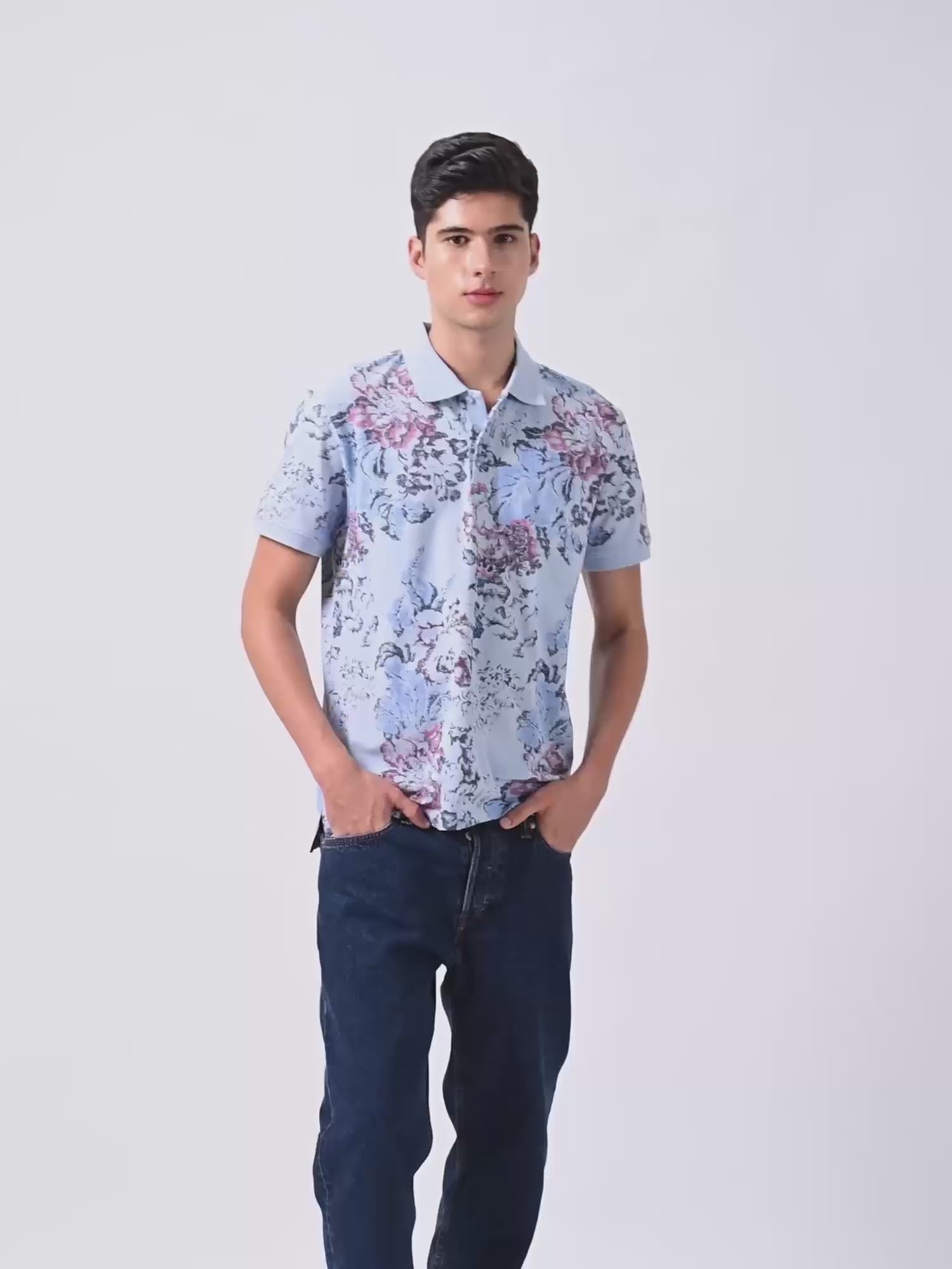 Supima Cotton All-Over Print & DTM Collar Light Blue Polo for Men