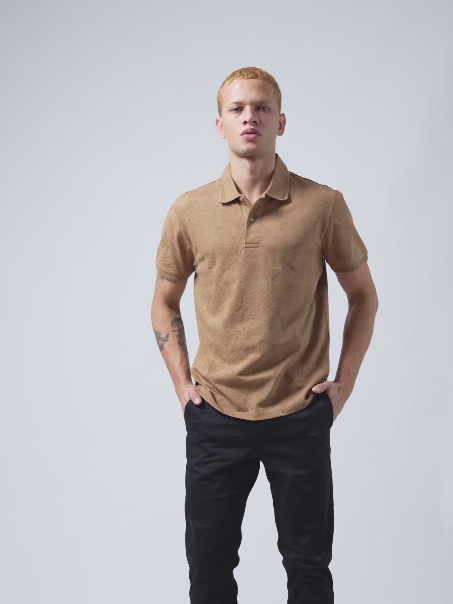 Supima Cotton Print and Honeycomb Textured Khaki Polo for Men