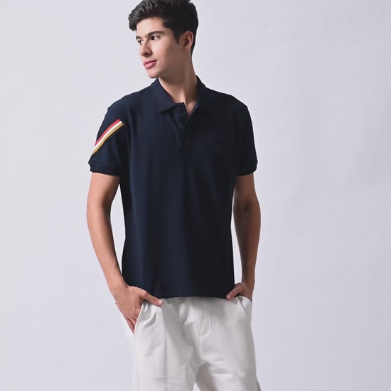 Navy Cotton Textured Lycra with Flag Tape polo t shirt for men