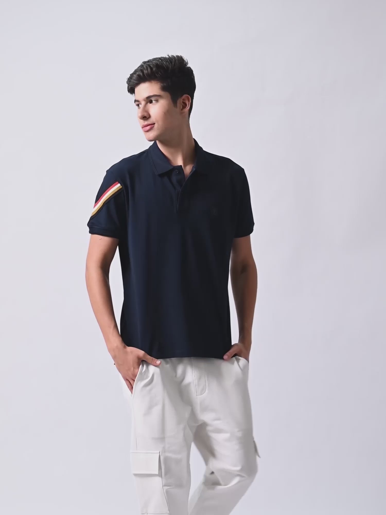 Navy Cotton Textured Lycra with Flag Tape polo t shirt for men