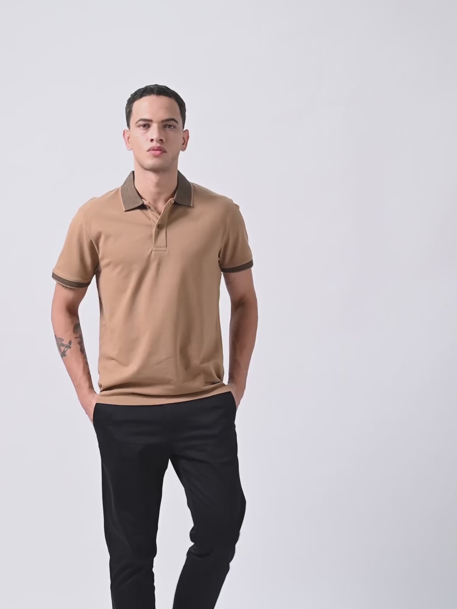 Contrast Bird's Eye Textured Khaki Polo T Shirt For Men
