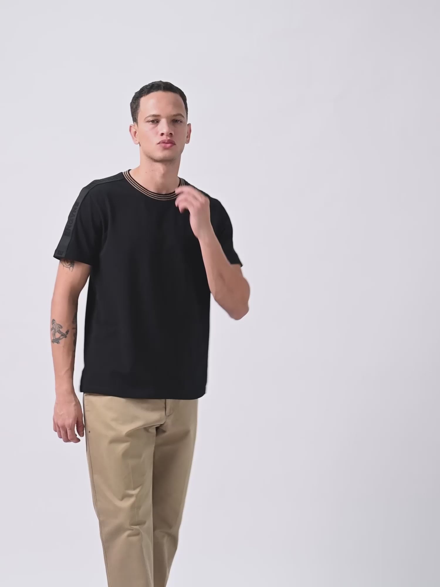 Rougen Cotton Lycra Woven Shoulder Tape Khaki T Shirt For Men